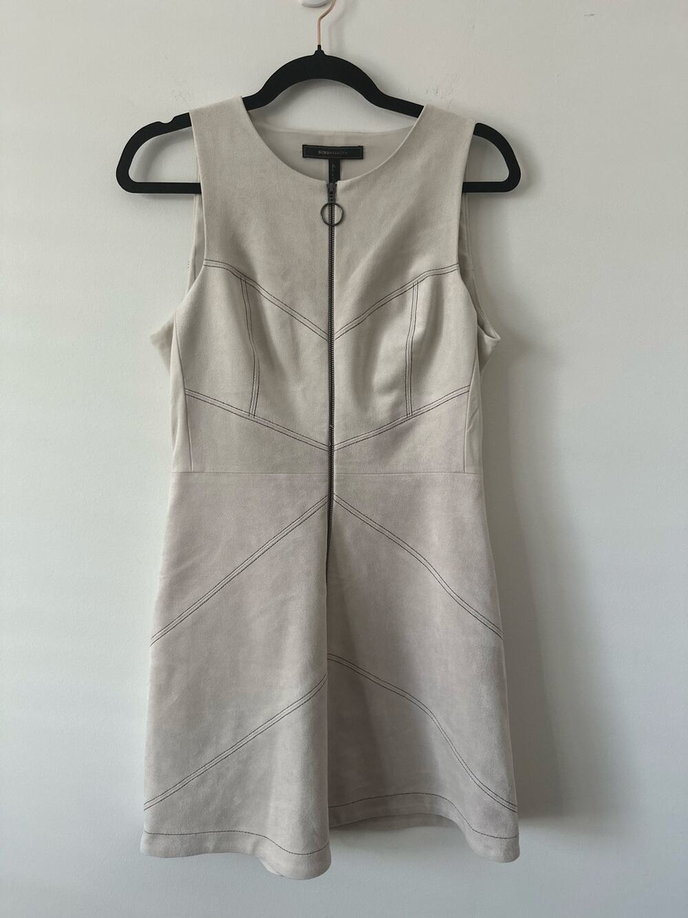 BCBG Max Azria Cream Suede Style Dress Size 6 Midi Quiet Luxury EUC